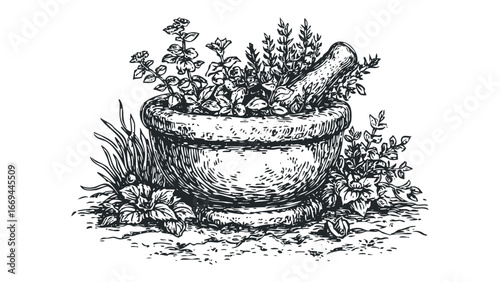 Vintage Mortar and Pestle Filled with Fresh Herbs and Foliage. Vector hand drawn illustration