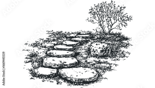 Stone pathway with lush vegetation and a bare tree. Vector hand drawn illustration