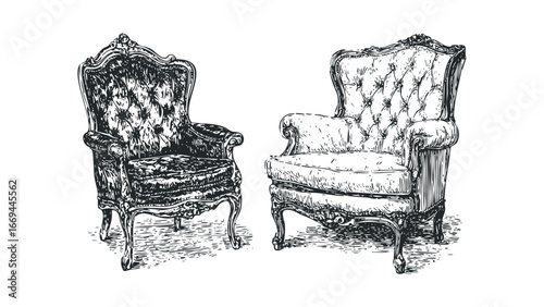 Ornate Tufted Armchairs Drawn in Detailed Black and White Sketch Style. Vector hand drawn illustration
