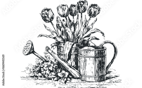 Vintage Garden Scene With Tulips and Watering Can. Vector hand drawn illustration