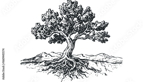 Detailed illustration of a gnarled tree with extensive root system emerging from rocky terrain. Vector hand drawn illustration