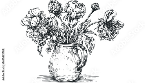 Pen and ink sketch of a bouquet of flowers in a ceramic jug. Vector hand drawn illustration