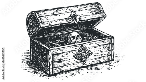 Open Wooden Chest with Skull and Bones Illustration. Vector hand drawn illustration