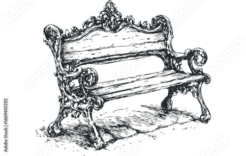 Ornate wrought iron and wood park bench with detailed scrollwork. Vector hand drawn illustration