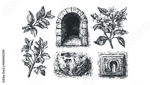Antique Archway, Botanical Sprigs, and Rough Stone Sketch Collection. Vector hand drawn illustration