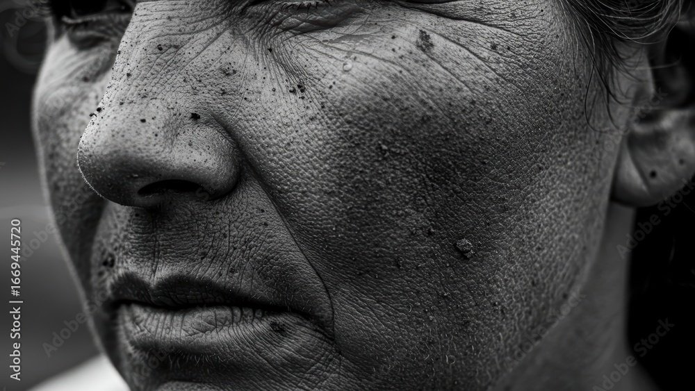 Obraz premium Black and white close-up of an emotional woman with a dirty face.