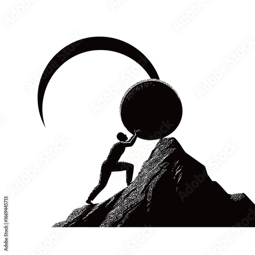 A figure struggles to push a large sphere uphill on a rocky mountain as a crescent moon illuminates the night sky. The scene symbolizes determination and perseverance in the face of challenges.