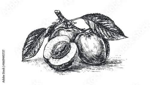Black and white sketch of ripe peaches with leaves on a branch. Vector hand drawn illustration