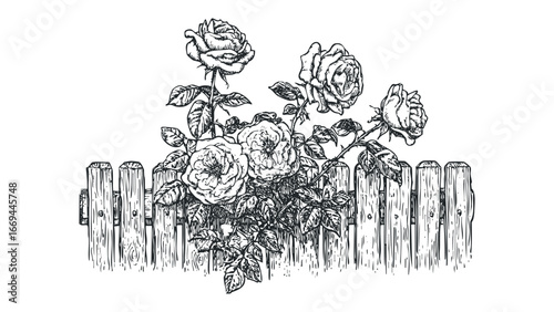 Pencilled roses bloom over a rustic wooden fence line. Vector hand drawn illustration