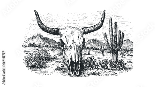 Exquisite ink drawing of a bull skull with prominent horns in a desert landscape featuring cacti and distant mountains. Vector hand drawn illustration