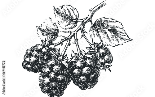 Black and white sketch of ripe blackberries on a branch with leaves. Vector hand drawn illustration