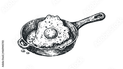 Hand-drawn sketch of a fried egg cooking in a cast iron skillet. Vector hand drawn illustration