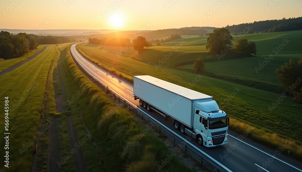 Obraz premium White semi-truck transports goods on rural highway during sunset. Truck moves through green fields. Logistics, supply chain, freight transportation concept.
