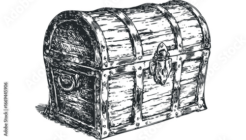 Antique Wooden Treasure Chest with Metal Accents and Lock. Vector hand drawn illustration
