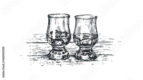 Two Whisky Glasses with Ice Cubes on Wooden Surface Sketch. Vector hand drawn illustration