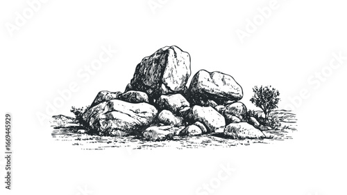 Sketch of a Rocky Outcrop with Sparse Vegetation and Distant Hills. Vector hand drawn illustration