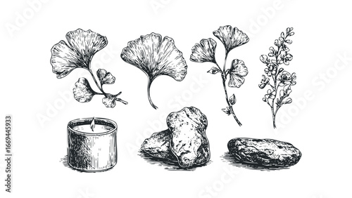 Hand-drawn sketch of ginkgo leaves, candle, and stones for spa and wellness. Vector hand drawn illustration