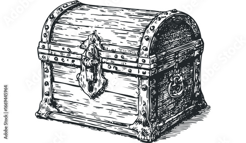Vintage wooden chest with metal fittings and handle on white background. Vector hand drawn illustration