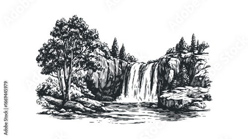 Detailed engraving of a lush forest waterfall with surrounding rocks and trees. Vector hand drawn illustration