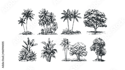 Collection of tropical and deciduous trees sketched on white background. Vector hand drawn illustration