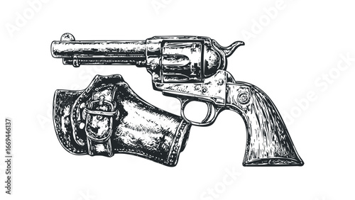 Engraved Revolver with Leather Holster. Vector hand drawn illustration
