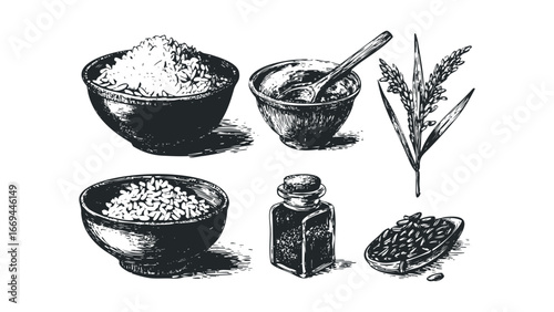 Collection of Sketchy Food Ingredients Including Rice and Spices. Vector hand drawn illustration