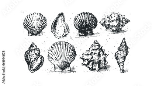 Collection of diverse marine seashells hand-drawn in a classic sketchy style on a white background. Vector hand drawn illustration