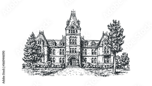 Sketch of a Grand Victorian Era Mansion with Lush Trees and Paved Pathway. Vector hand drawn illustration