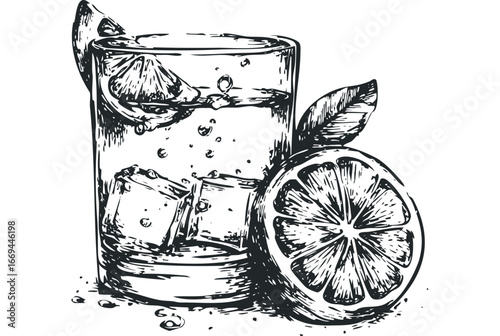 Sketch of a refreshing drink with ice and citrus slices. Vector hand drawn illustration
