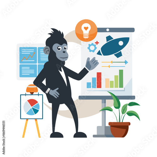 Creative silhouette vector of startup ape presenting business pitch deck, symbolizing entrepreneurship, innovation, strategy, teamwork, success and growth.