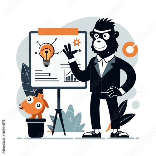 Creative silhouette vector of startup ape presenting business pitch deck, symbolizing entrepreneurship, innovation, strategy, teamwork, success and growth.