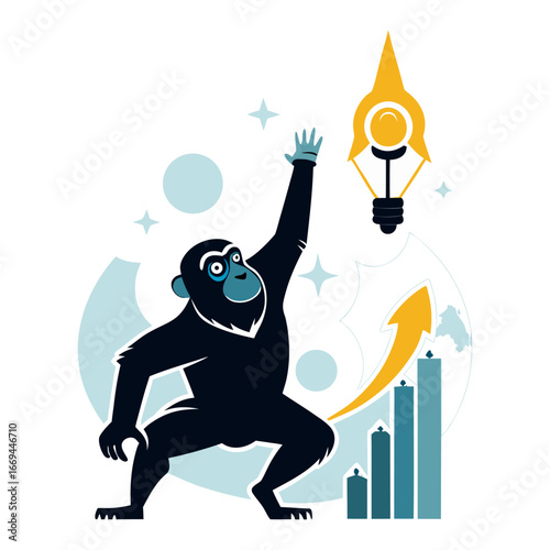 Creative silhouette vector of ambitious startup ape reaching upward with glowing bright idea symbolizing innovation, success, motivation and entrepreneurship