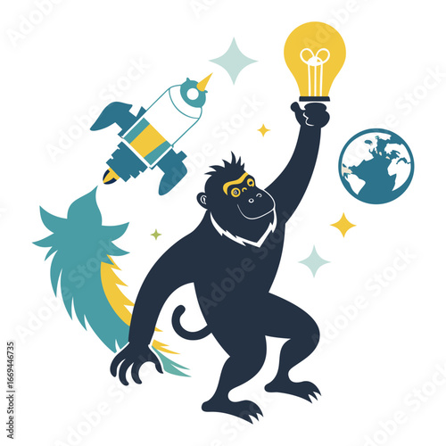 Creative silhouette vector of ambitious startup ape reaching upward with glowing bright idea symbolizing innovation, success, motivation and entrepreneurship