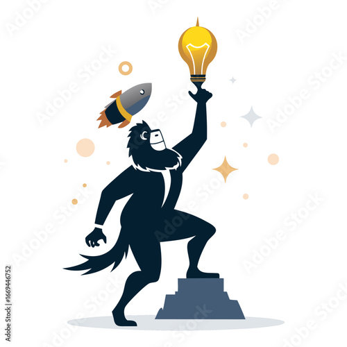 Creative silhouette vector of ambitious startup ape reaching upward with glowing bright idea symbolizing innovation, success, motivation and entrepreneurship