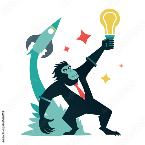 Creative silhouette vector of ambitious startup ape reaching upward with glowing bright idea symbolizing innovation, success, motivation and entrepreneurship