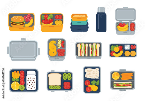 Healthy lunchbox array for kids and adults with snacks, sandwiches, fruits, and veggies