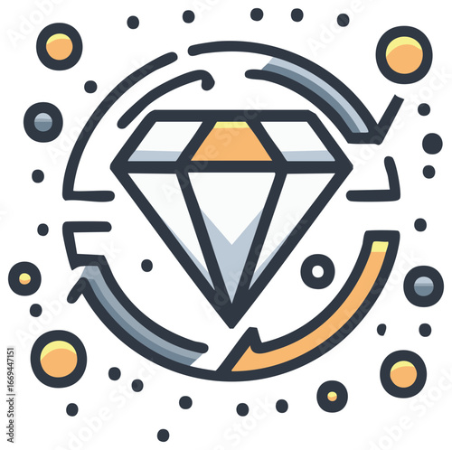 Circular arrows around a faceted diamond with floating spheres