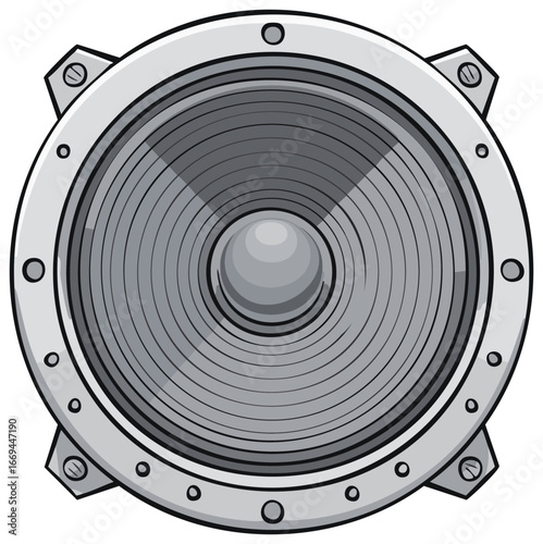Front view of a cartoon-style silver audio speaker with a ribbed cone and bolted frame