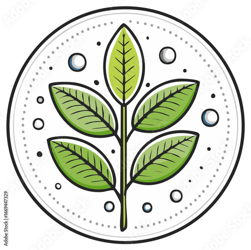 Stylized Green Plant Branch Leaves in Circular Graphic Illustration