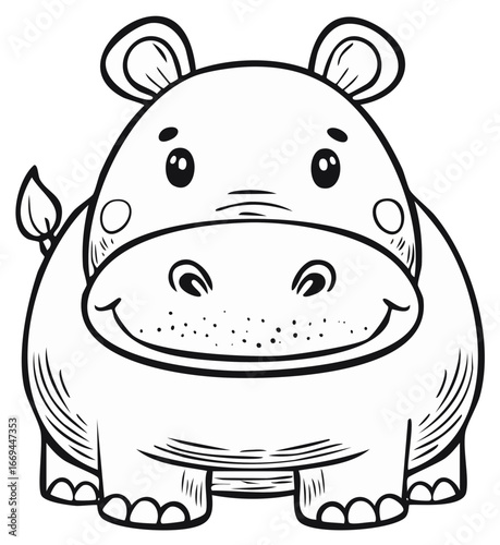 Cute cartoon hippo illustration outline drawing for coloring pages