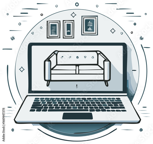 Laptop Displaying Interior Decor Couch Home Furnishings Online Shopping Concept
