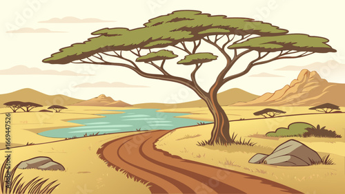 Explore african savanna landscape with acacia tree and dirt road vector illustration image design