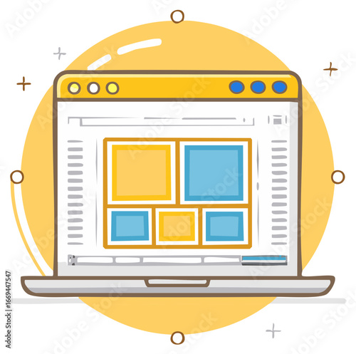 Illustrated laptop screen displaying a web interface with colorful content blocks and modern layout design
