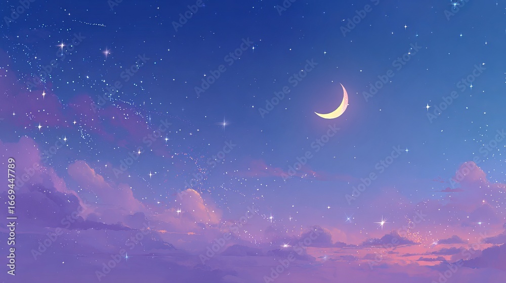 Fototapeta premium A serene night sky with a gradient from deep blue to light lavender a glowing crescent moon at the upper center countless twinkling stars and faint wispy clouds creating a calm dreamy and tranquil atm