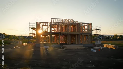 Wooden Frame of a New House at a Construction Site at Sunset