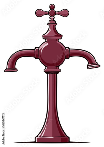 Vintage Faucet Design, Plumbing Fixture with Ornate Details, Illustration of Double Spout Tap