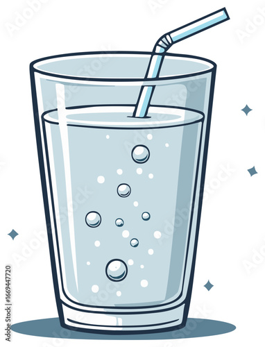 Refreshing clear carbonated drink with bubbles and straw in a plain glass illustration