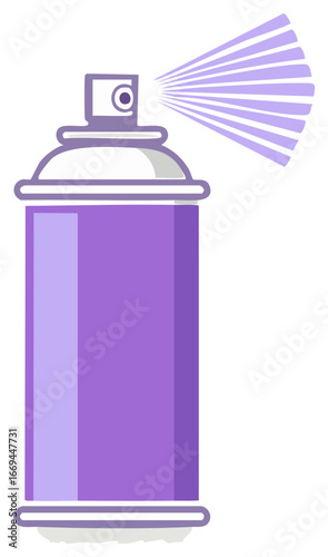 Purple aerosol spray can dispensing a fine mist of lavender colored particles