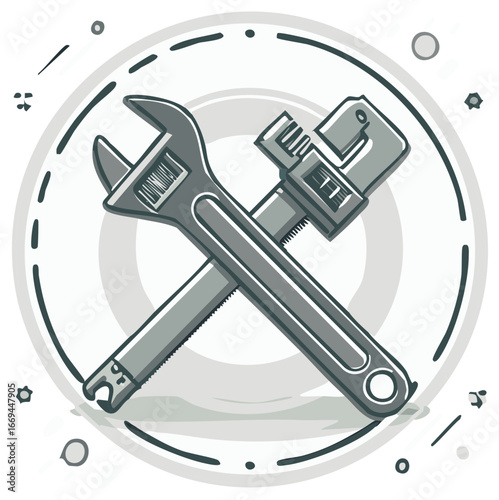 Crossed adjustable and pipe wrenches in an illustrative emblem for repair and service