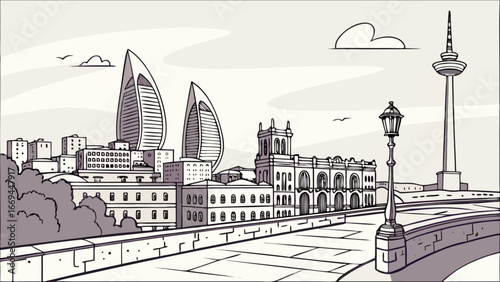 Baku azerbaijan skyline vector illustration with flame towers and tv tower cityscape drawing for travel design